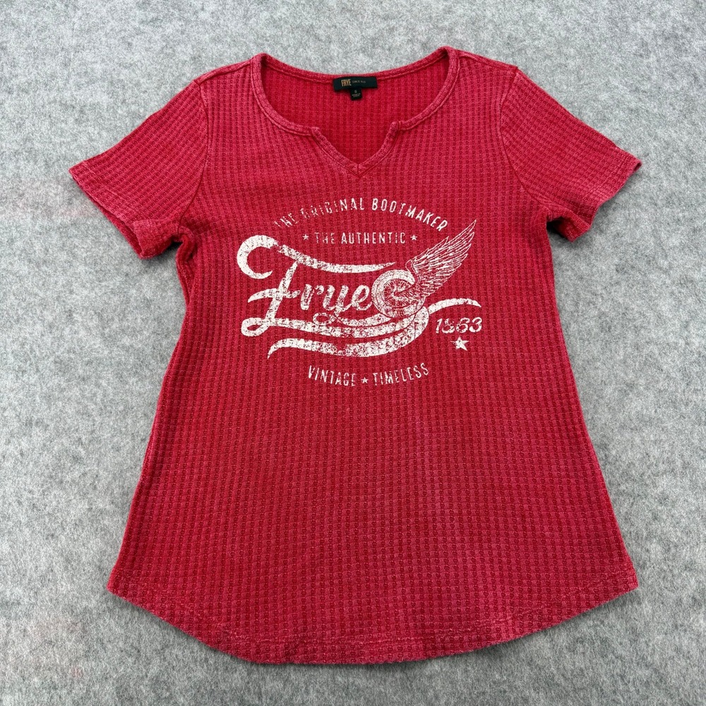 Frye Womens Red Waffle Knit Split Neck Graphic T-Shirt Size Small